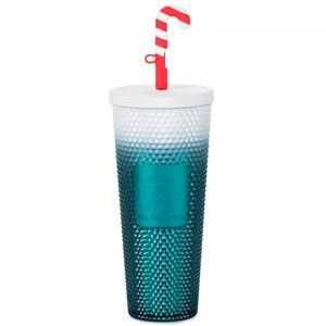 DISNEY WDW STARBUCKS CHRISTMAS HOLIDAY CANDY CANE STRAW BLUE WHITE TUMBLER NEW